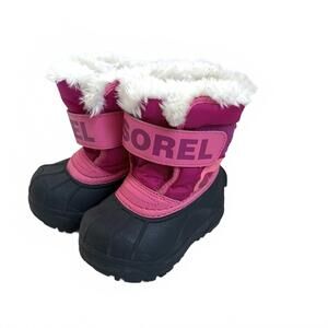 Sorel | Girls Pink Black Fuzzy Interior Snow Winter Boots Velcro Toddler Size 5